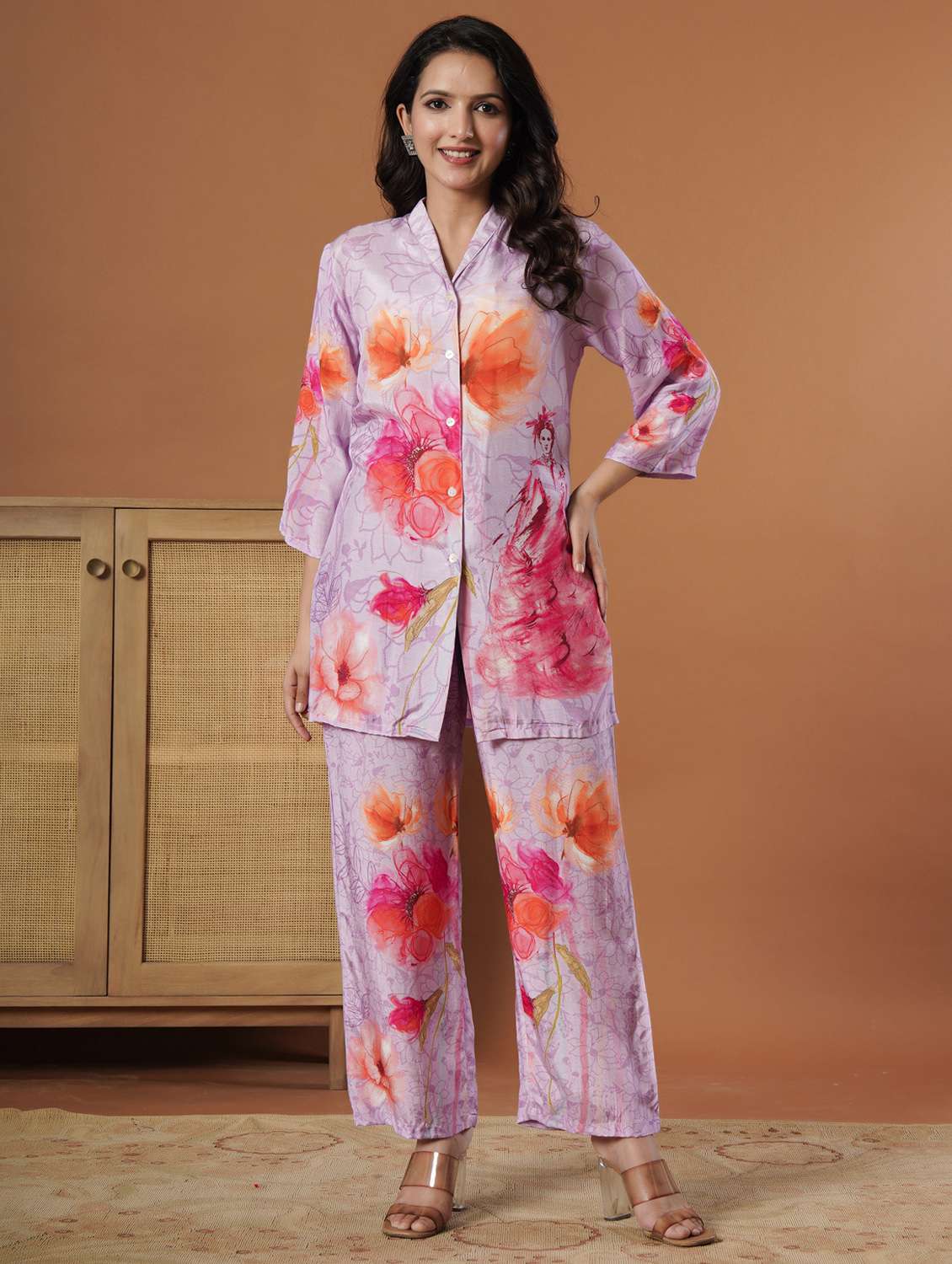 women floral three quarter sleeve ethnic co-ord set - 22140237 - Standard Image - 2