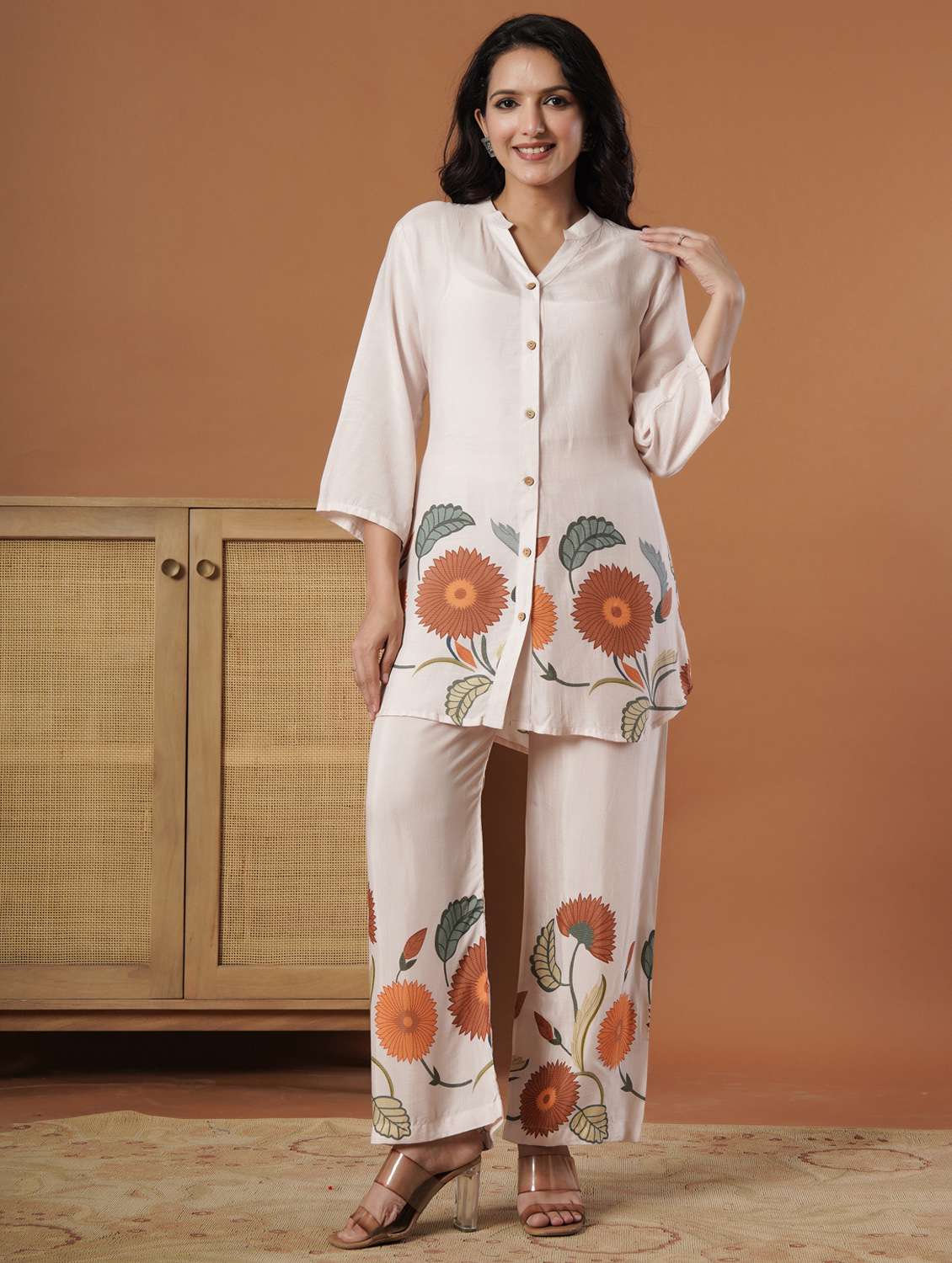 women floral three quarter sleeve ethnic co-ord set