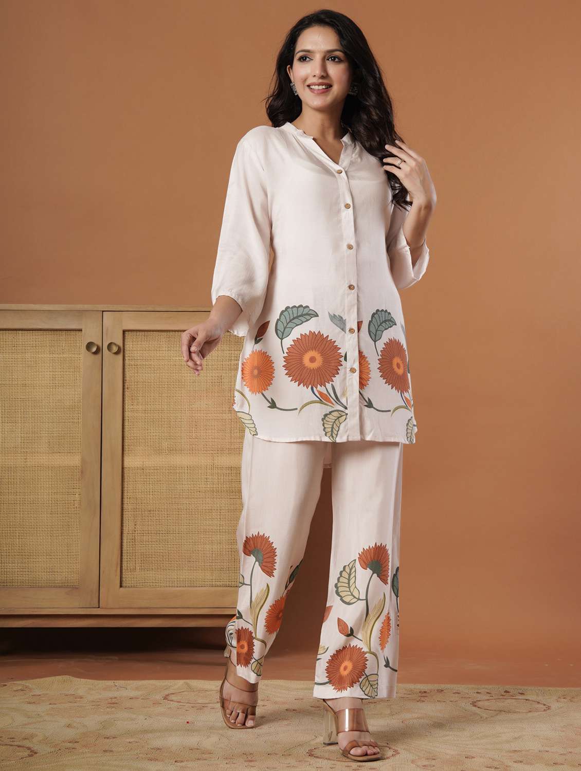women floral three quarter sleeve ethnic co-ord set - 22140238 - Standard Image - 2