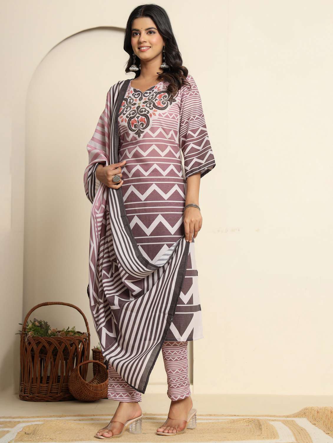women printed three quarter sleeve kurta pant with dupatta set - 22140242 -  Standard Image - 2