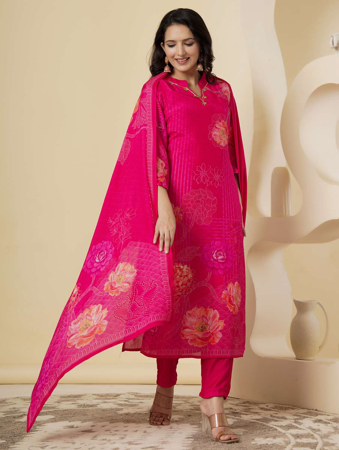 women floral three quarter sleeve kurta pant with dupatta set - 22140244 - Standard Image - 2