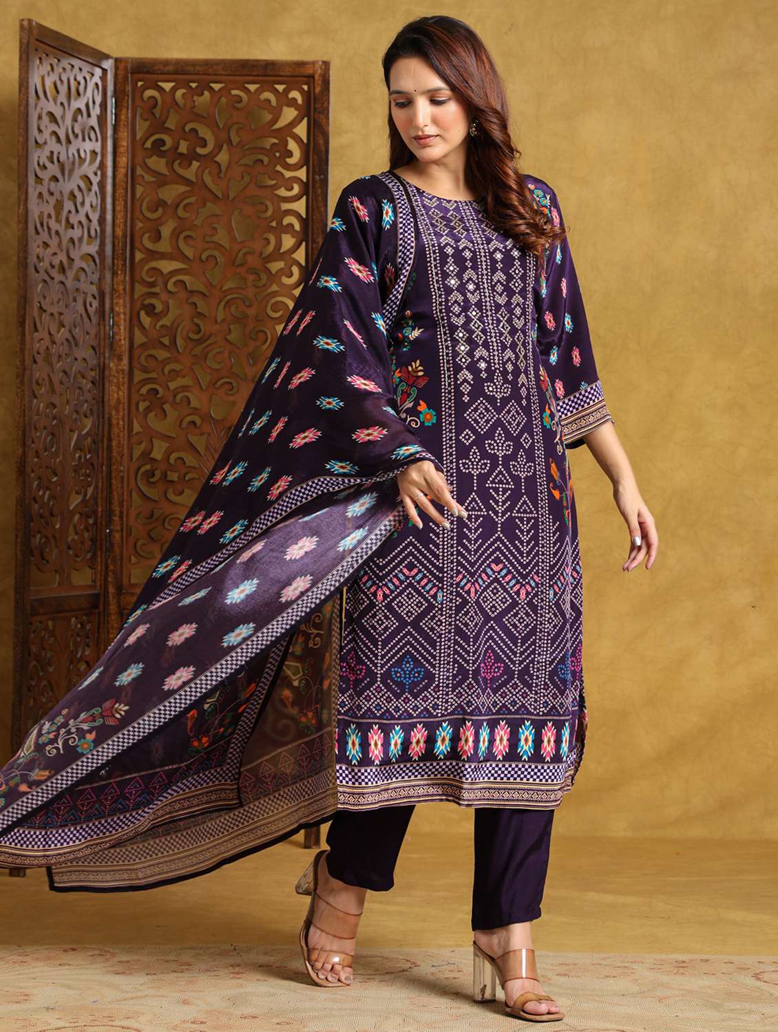 women printed three quarter sleeve kurta pant with dupatta set - 22140246 - Standard Image - 2