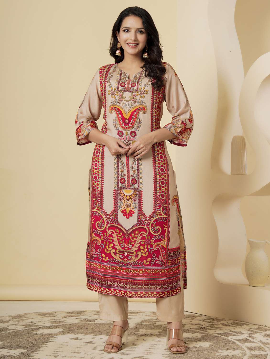 women printed three quarter sleeve kurta pant with dupatta set - 22140247 - Standard Image - 2