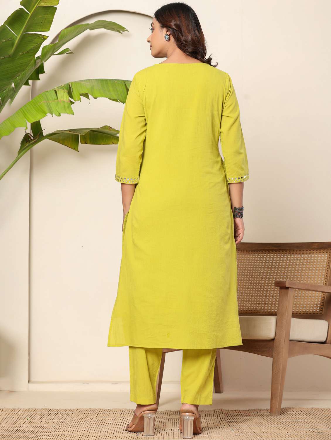 women solid with work three quarter sleeve kurta pant set - 22140250 - Standard Image - 2