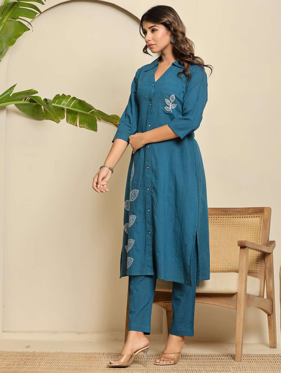 women embroidered three quarter sleeve kurta pant set - 22140254 - Standard Image - 2