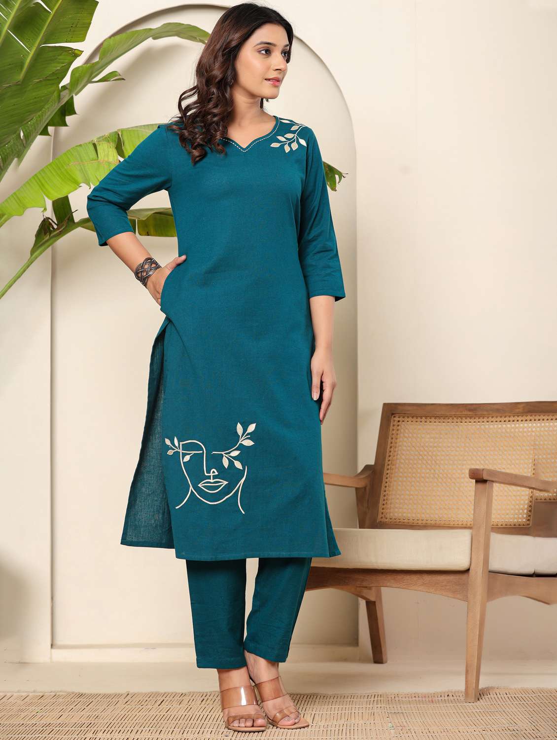 women embroidered three quarter sleeve kurta pant set - 22140255 - Standard Image - 2