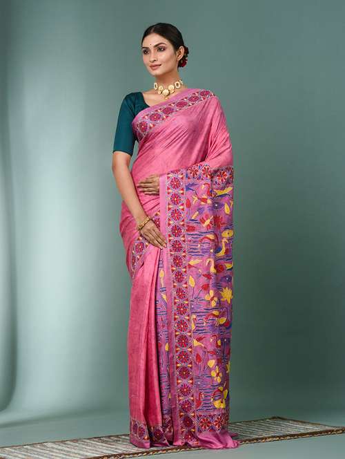 women printed handloom kantha stitch saree with blouse - 22140321 - Standard Image - 0