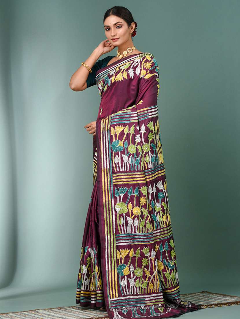 women handloom kantha stitch saree with blouse - 22140349 -  Standard Image - 2