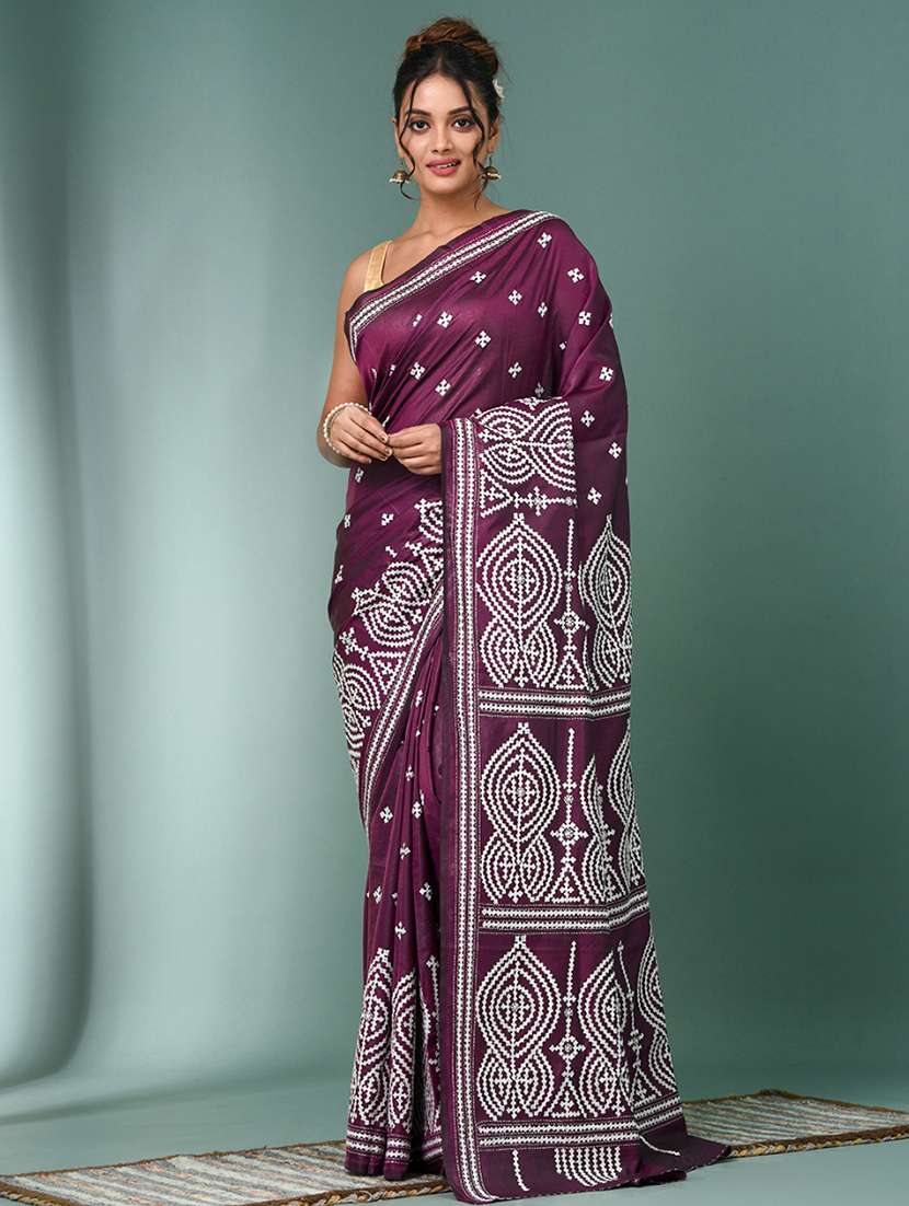 women solid with work handloom saree with blouse