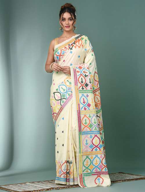 women solid with work handloom saree with blouse - 22140357 - Standard Image - 0