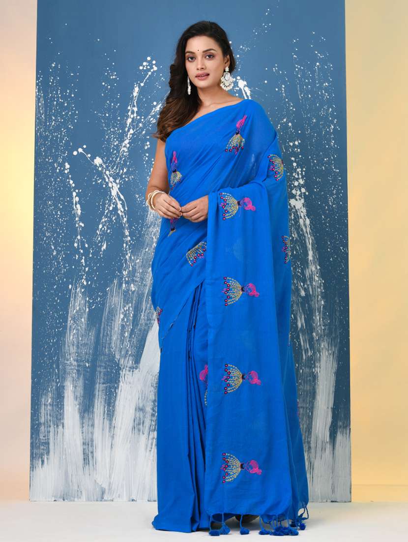 women solid with work handloom saree with blouse