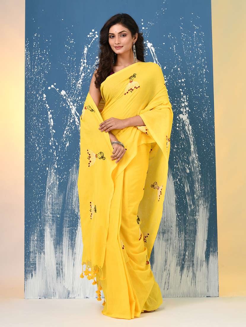 women solid with work handloom saree with blouse - 22140444 -  Standard Image - 2