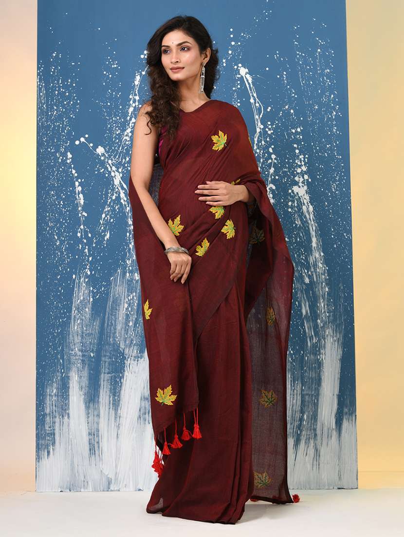 women solid with work handloom saree with blouse - 22140454 -  Standard Image - 2
