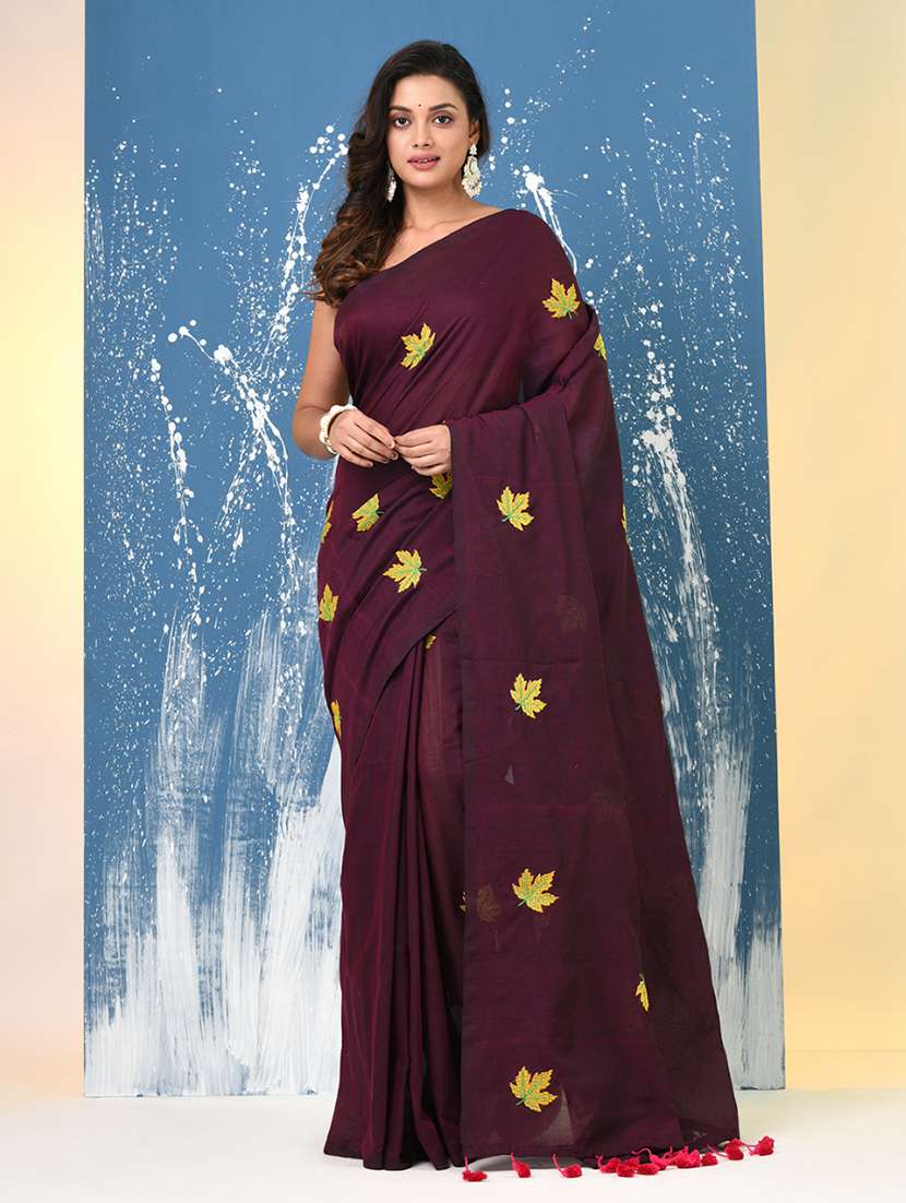 women solid with work handloom saree with blouse