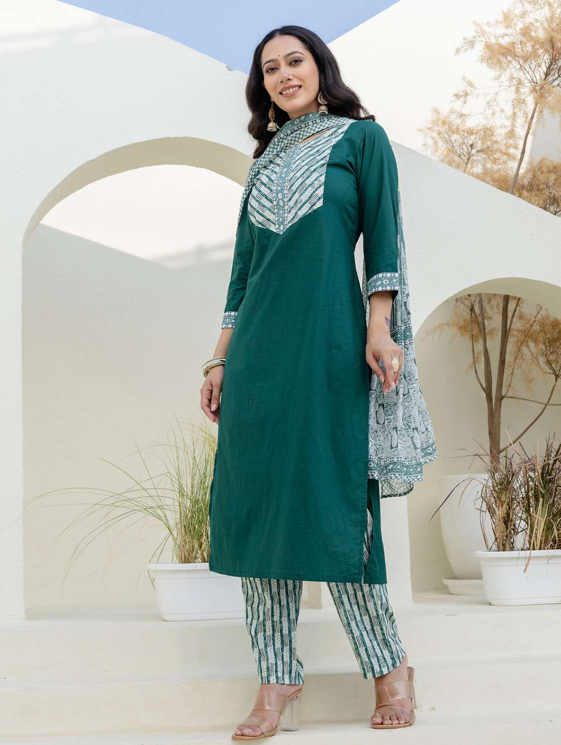 women printed three quarter sleeve kurta pant with dupatta set - 22140532 -  Standard Image - 2