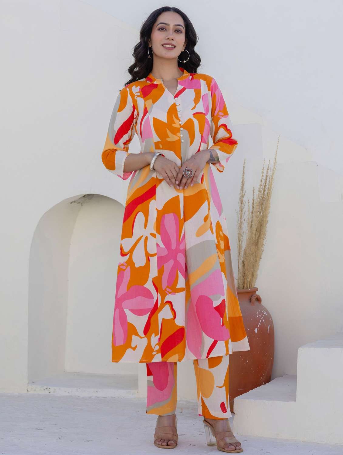 women printed three quarter sleeve kurta pant set