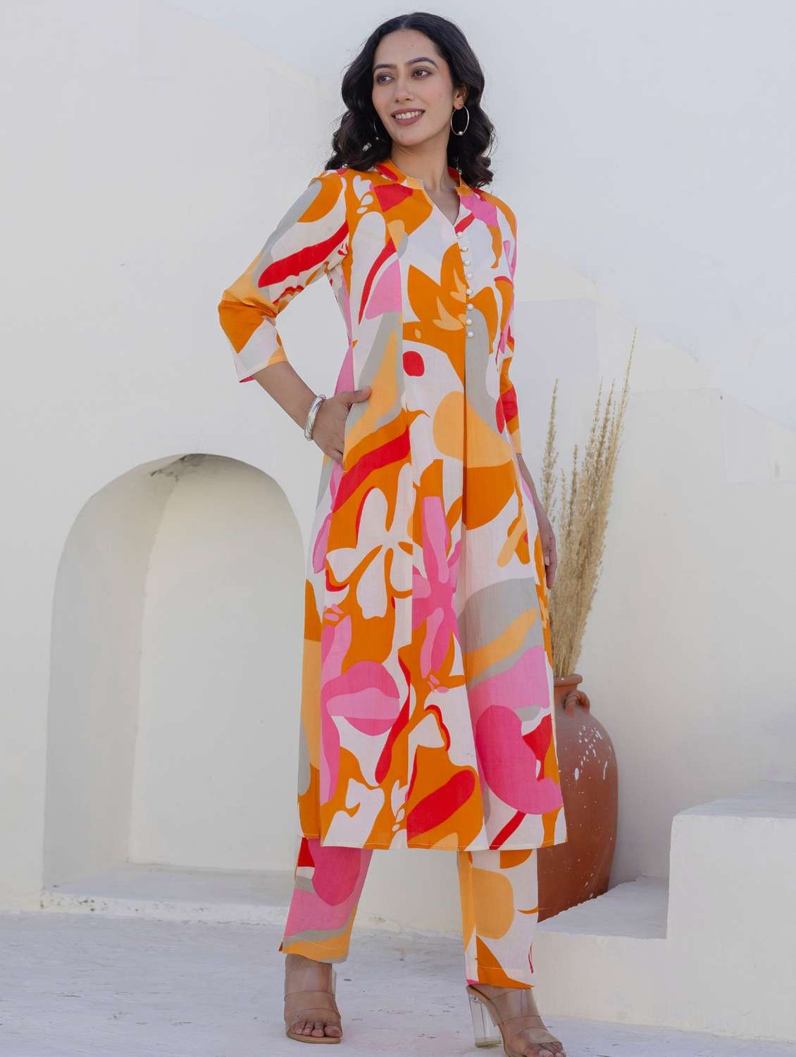 women printed three quarter sleeve kurta pant set - 22140552 -  Standard Image - 2