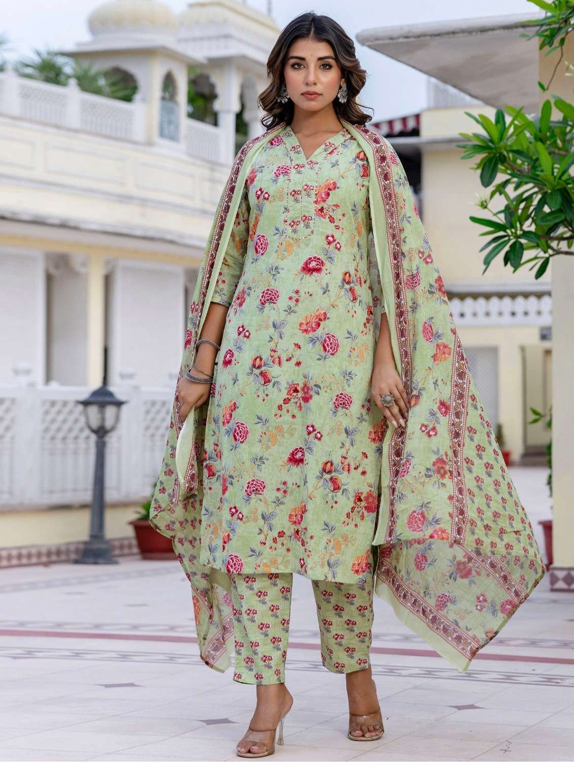 women floral printed three quarter sleeve kurta pant with dupatta set - 22140565 - Standard Image - 2