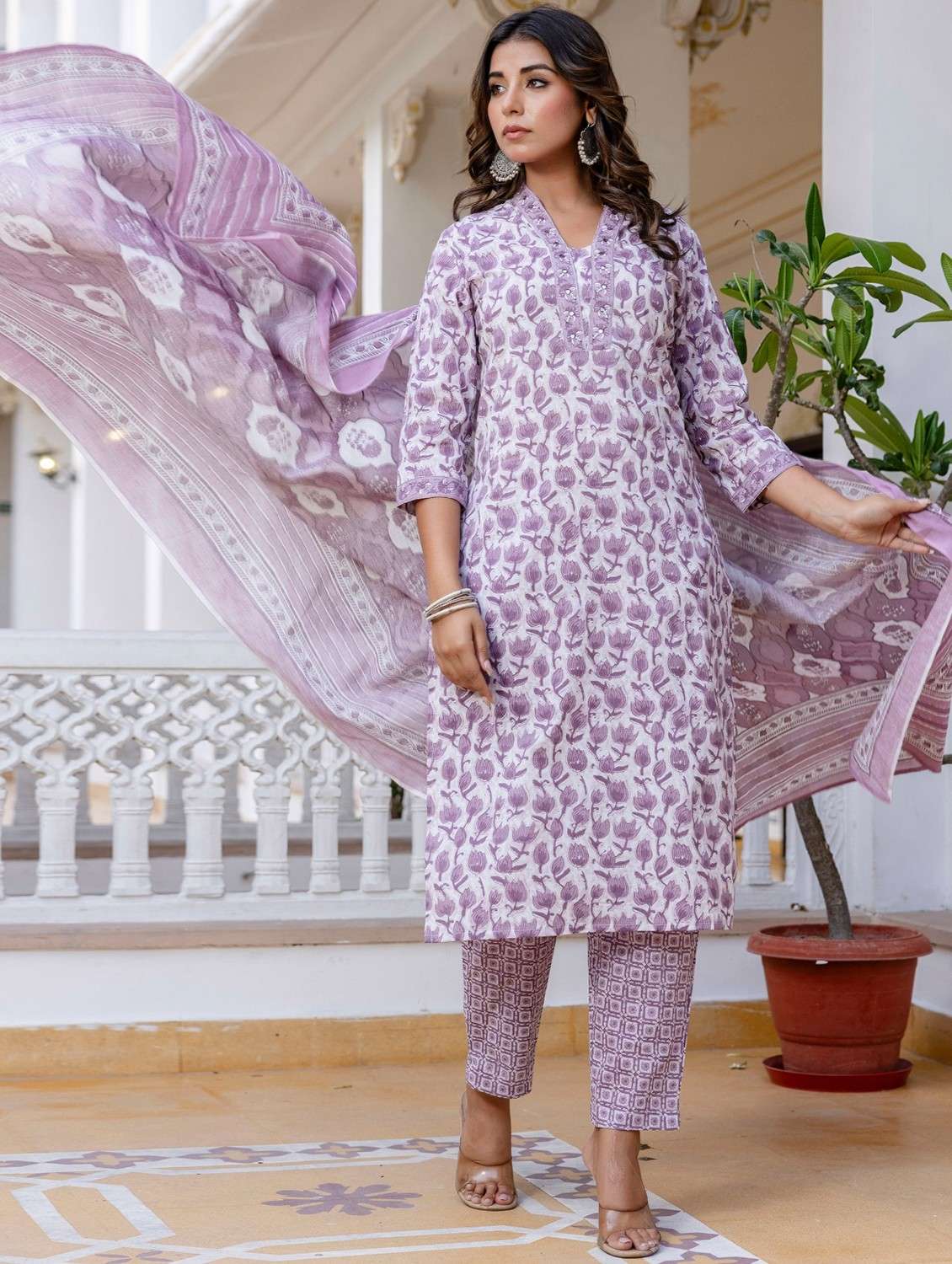 women floral printed three quarter sleeve kurta pant with dupatta set - 22140566 -  Standard Image - 2