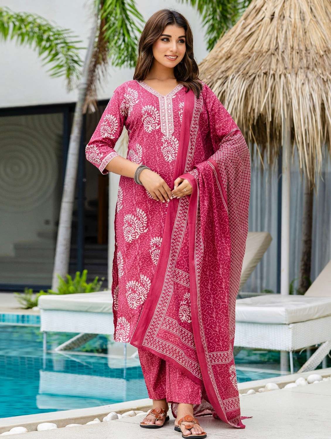 women printed three quarter sleeve kurta pant with dupatta set - 22140572 -  Standard Image - 2