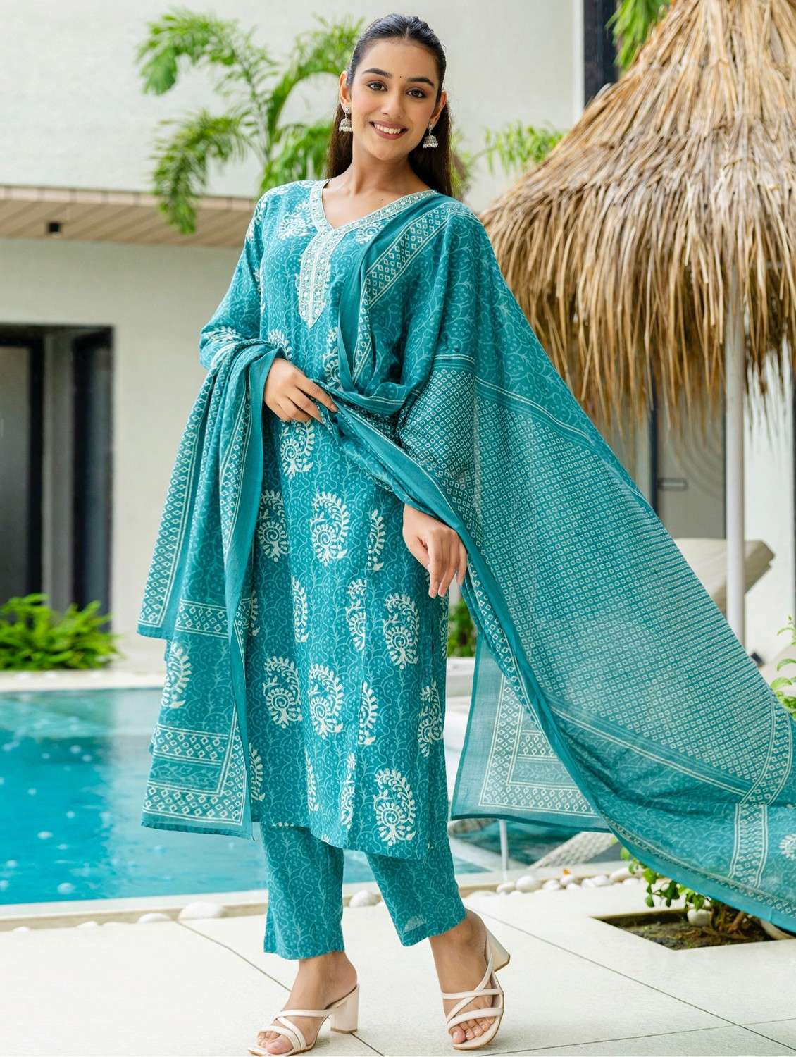 women printed three quarter sleeve kurta pant with dupatta set - 22140573 -  Standard Image - 2