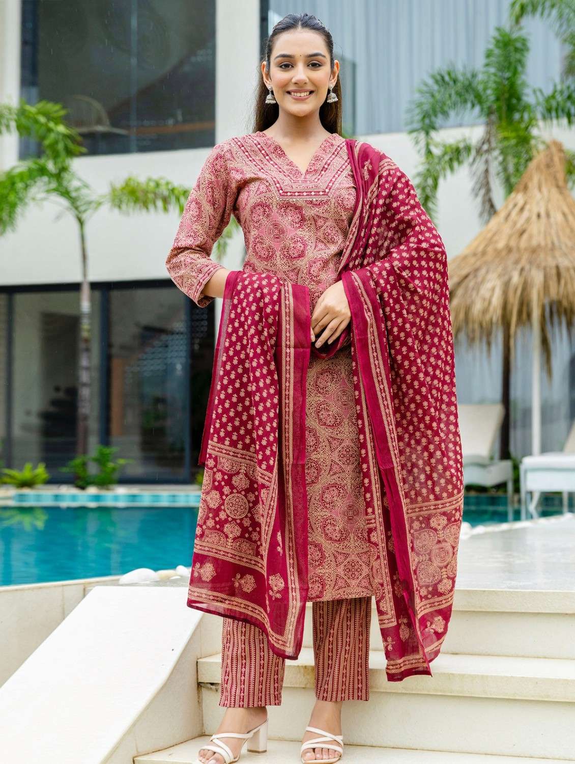 women printed three quarter sleeve kurta pant with dupatta set - 22140576 - Standard Image - 2
