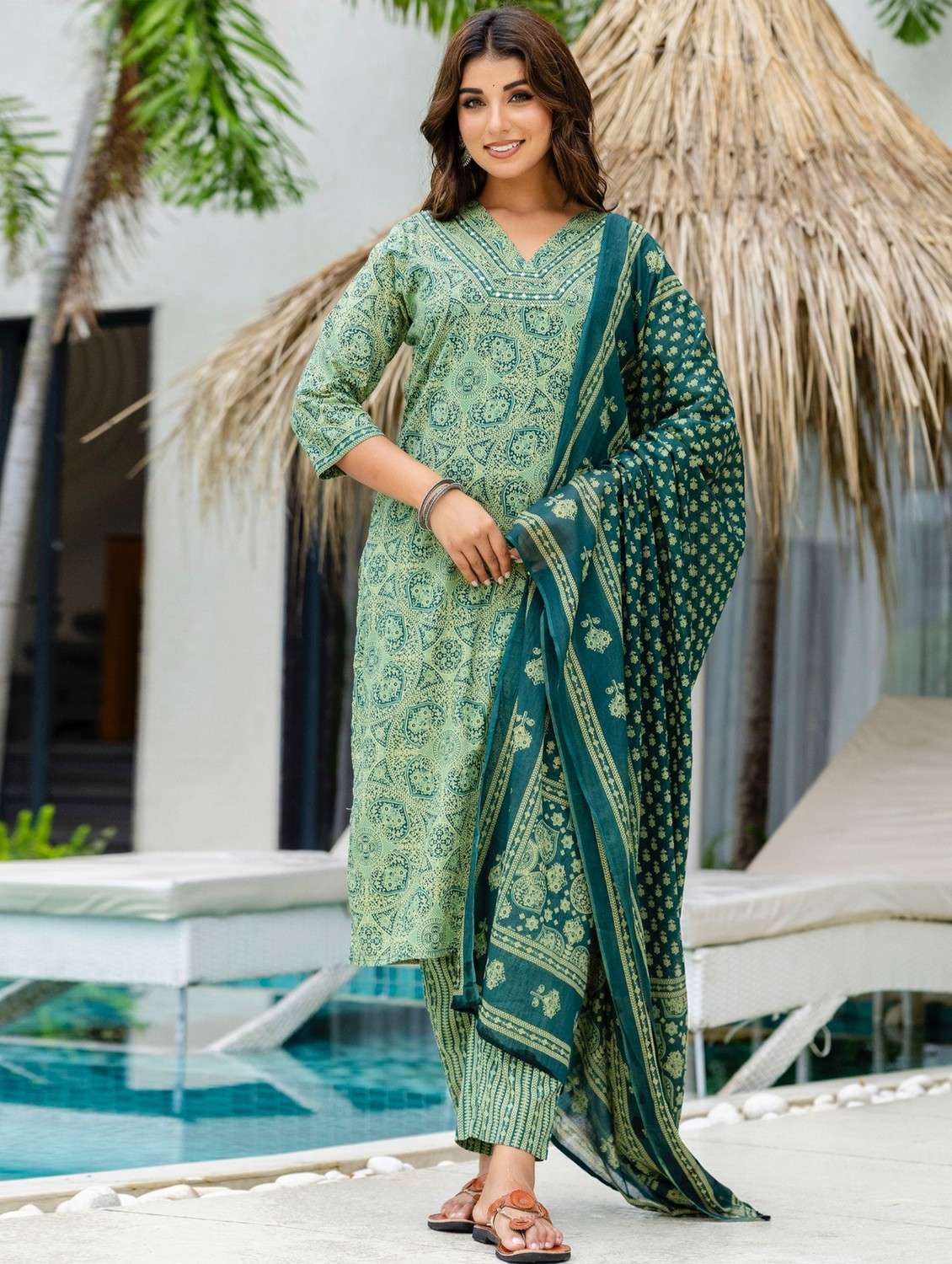 women printed three quarter sleeve kurta pant with dupatta set - 22140577 -  Standard Image - 2