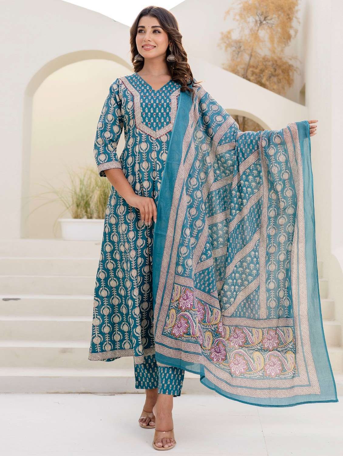 women floral printed three quarter sleeve kurta pant with dupatta set