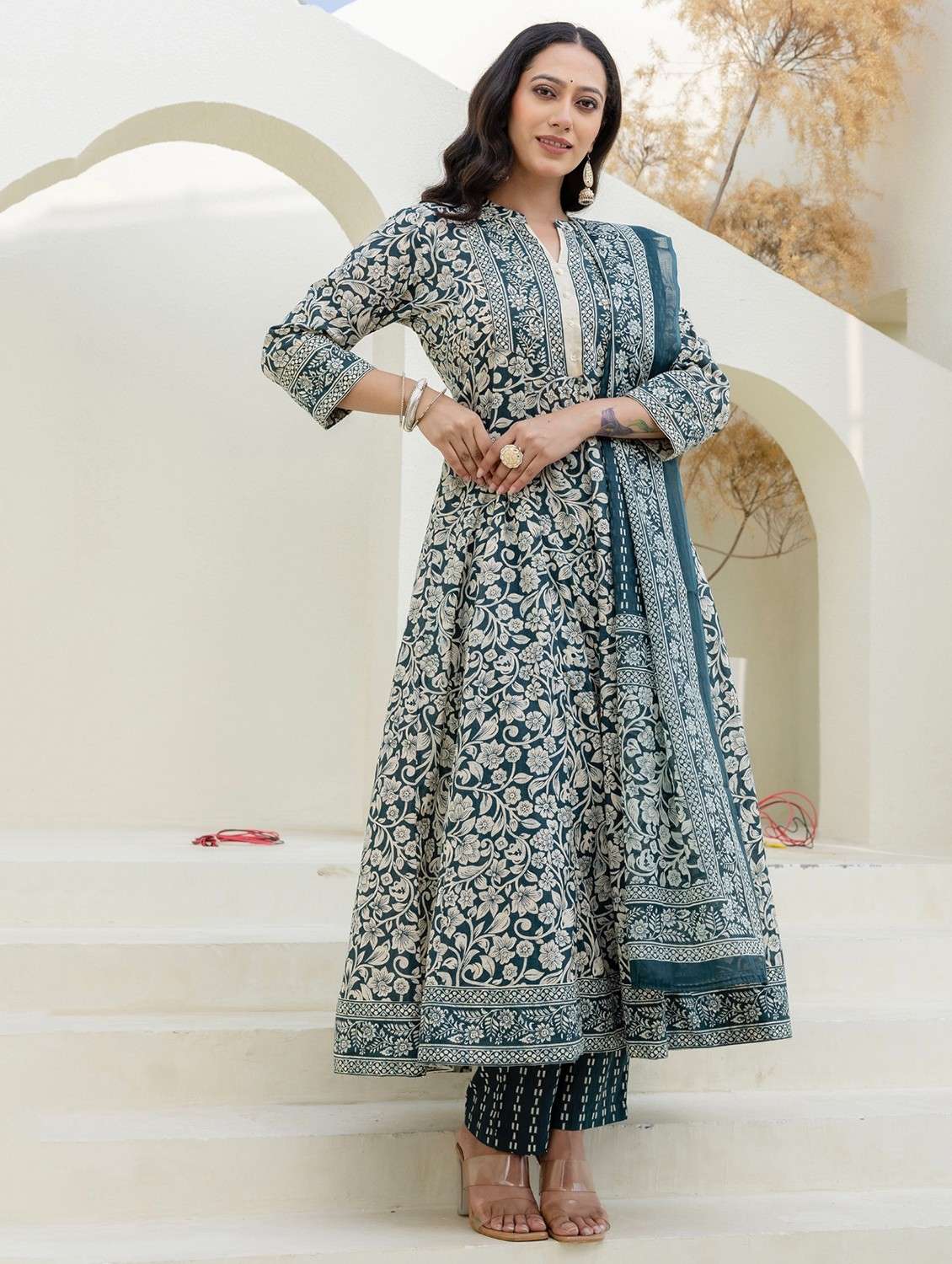 women floral printed three quarter sleeve kurta pant with dupatta set - 22140597 -  Standard Image - 2