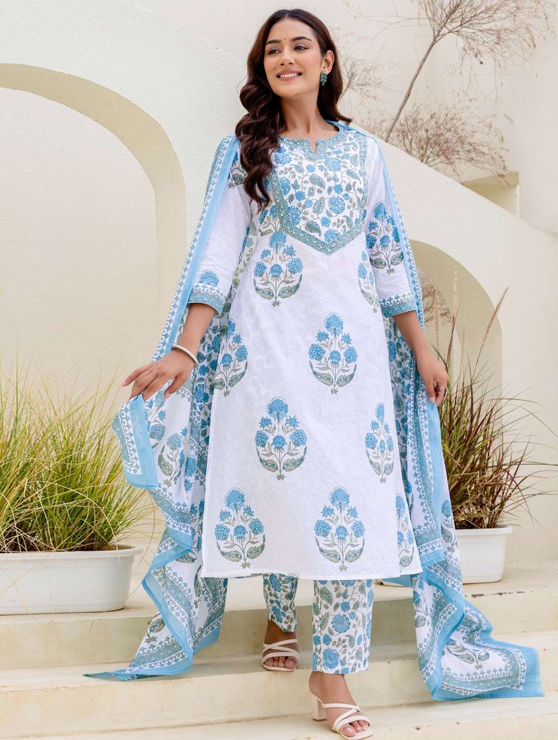 women floral printed three quarter sleeve kurta pant with dupatta set - 22140599 -  Standard Image - 2