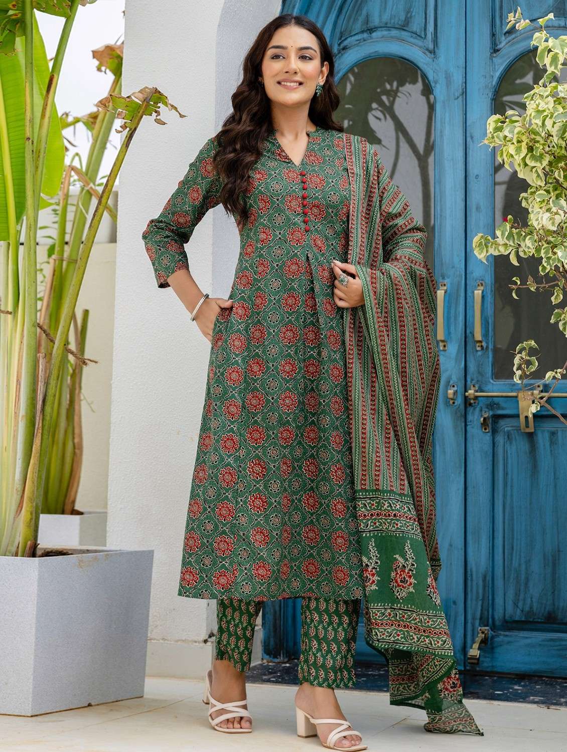 women printed three quarter sleeve kurta pant with dupatta set - 22140601 - Standard Image - 2