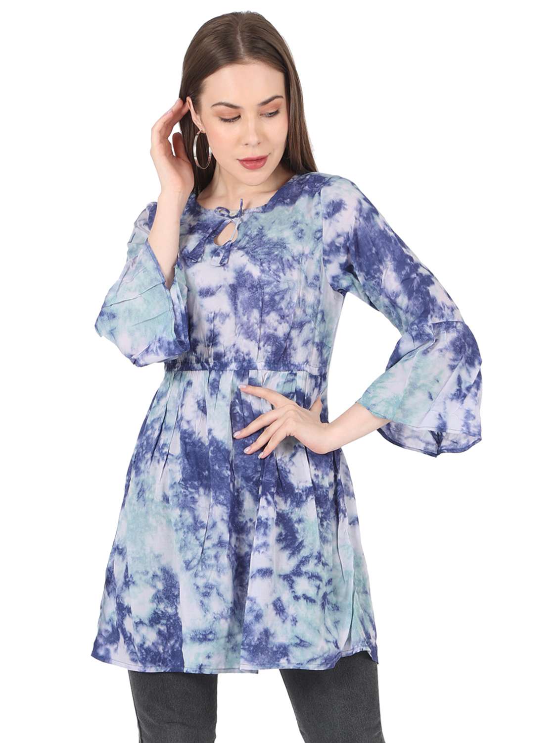women printed bell sleeve long flared top - 22140608 - Zoom Image - 0