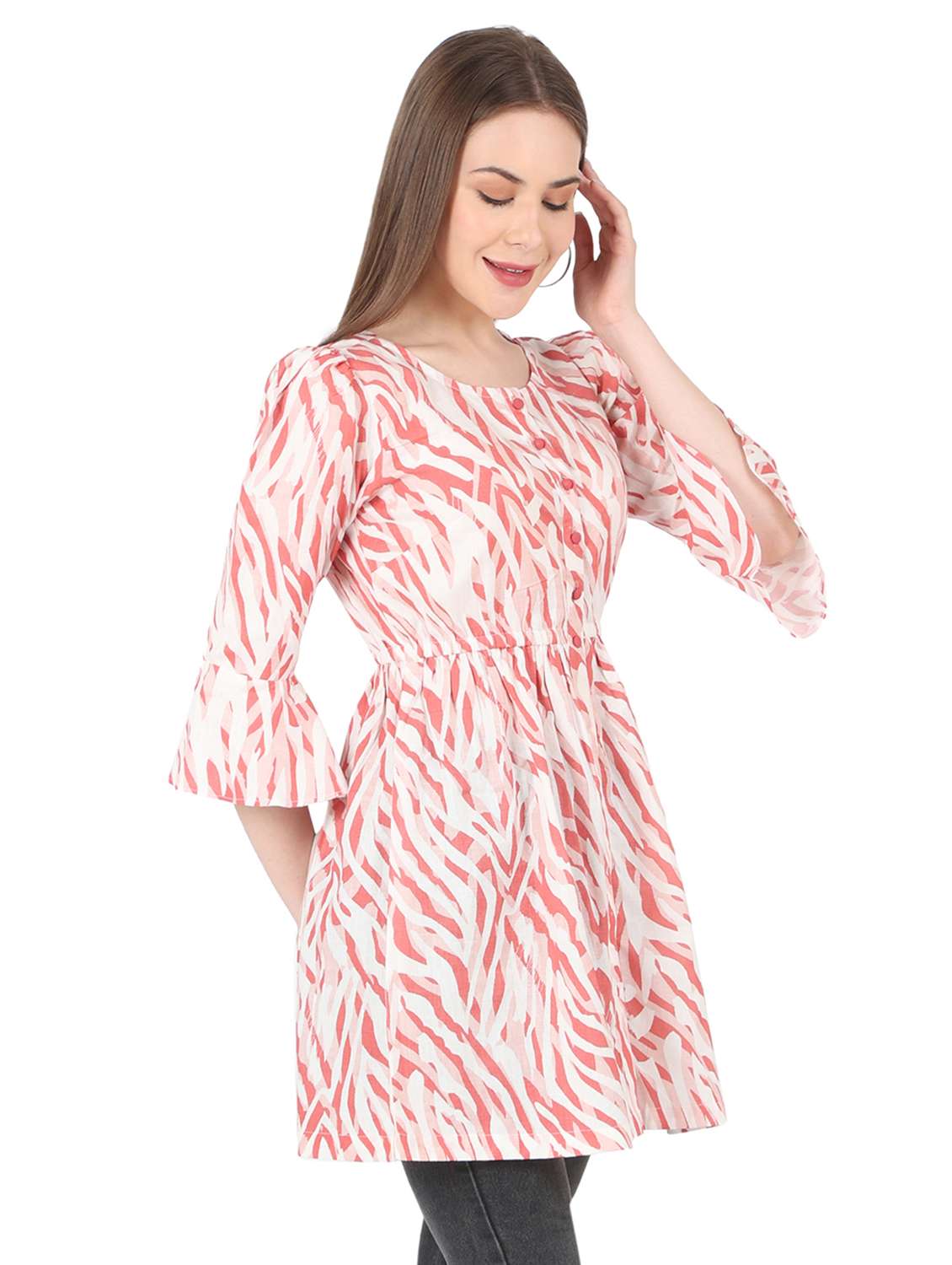 women printed bell sleeve long a-line tunic - 22140610 - Standard Image - 2
