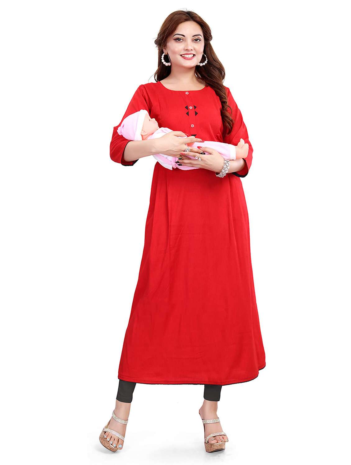 women solid three quarter sleeve maternity wear kurta