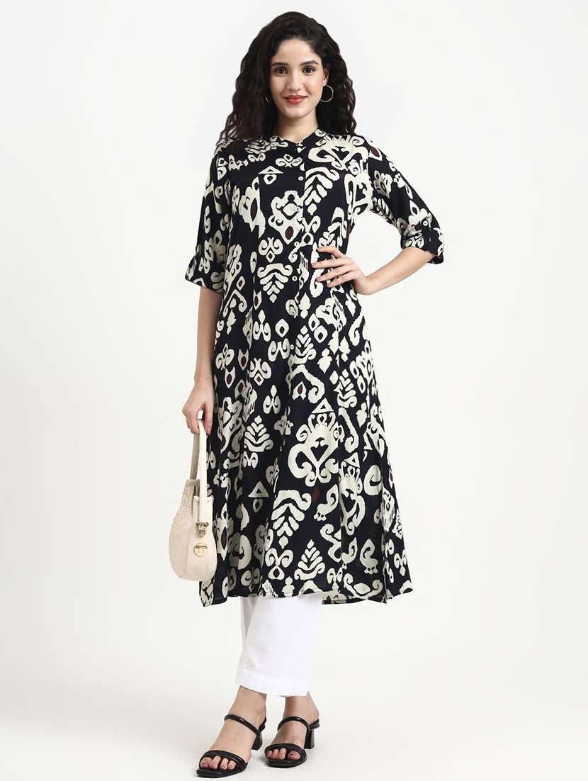 women printed three quarter sleeve a-line kurta