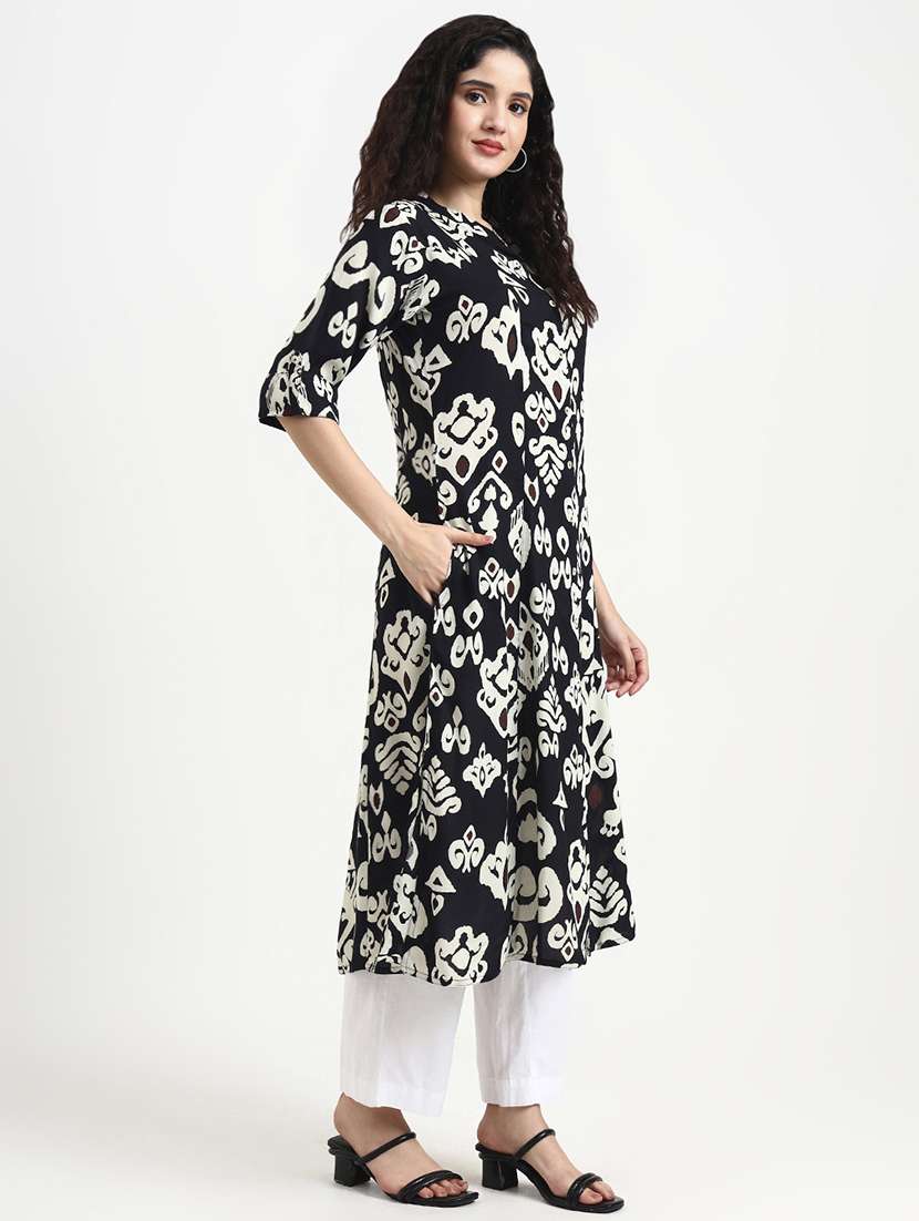 women printed three quarter sleeve a-line kurta - 22140761 - Standard Image - 2