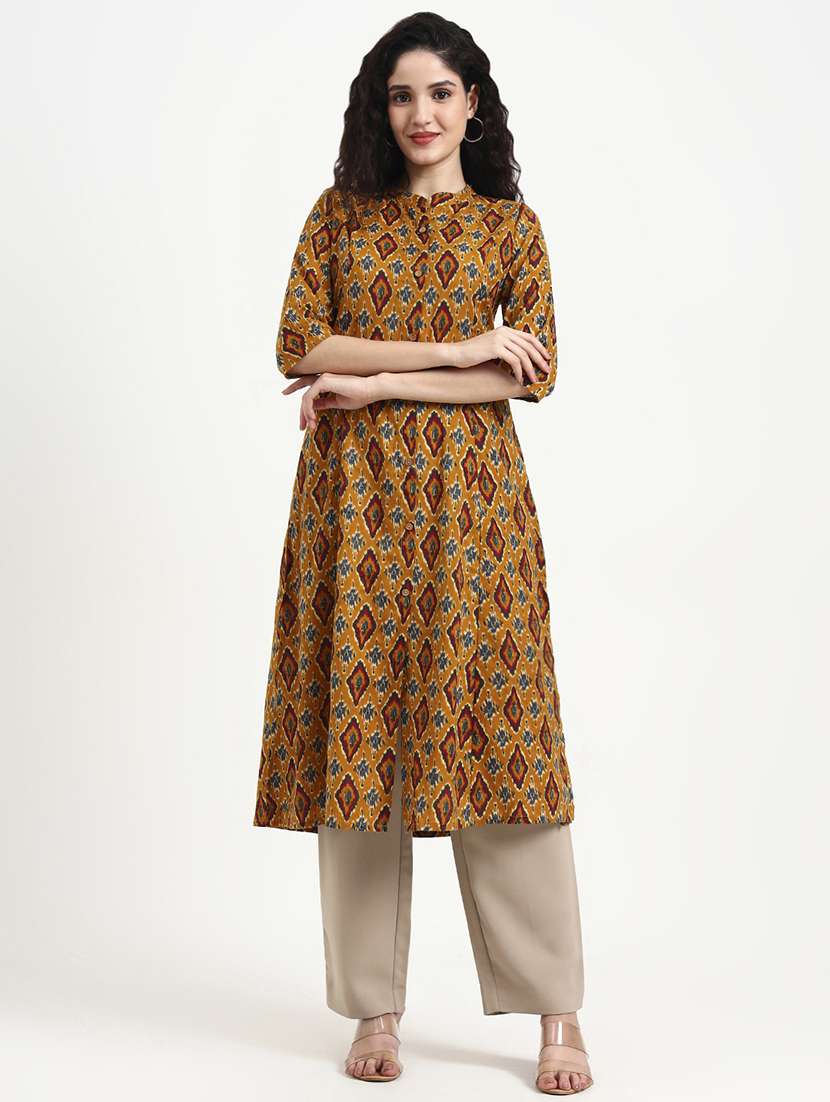 women ikat printed three quarter sleeve a-line kurta