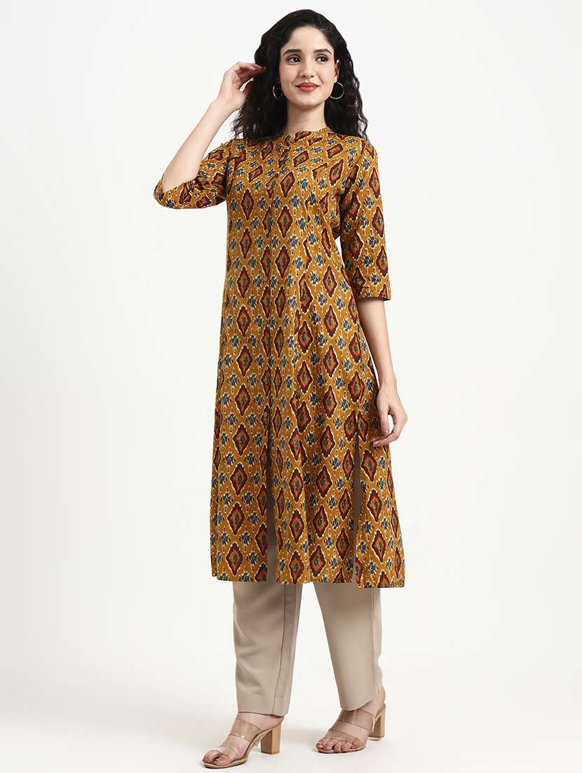 women ikat printed three quarter sleeve a-line kurta - 22140763 - Standard Image - 2