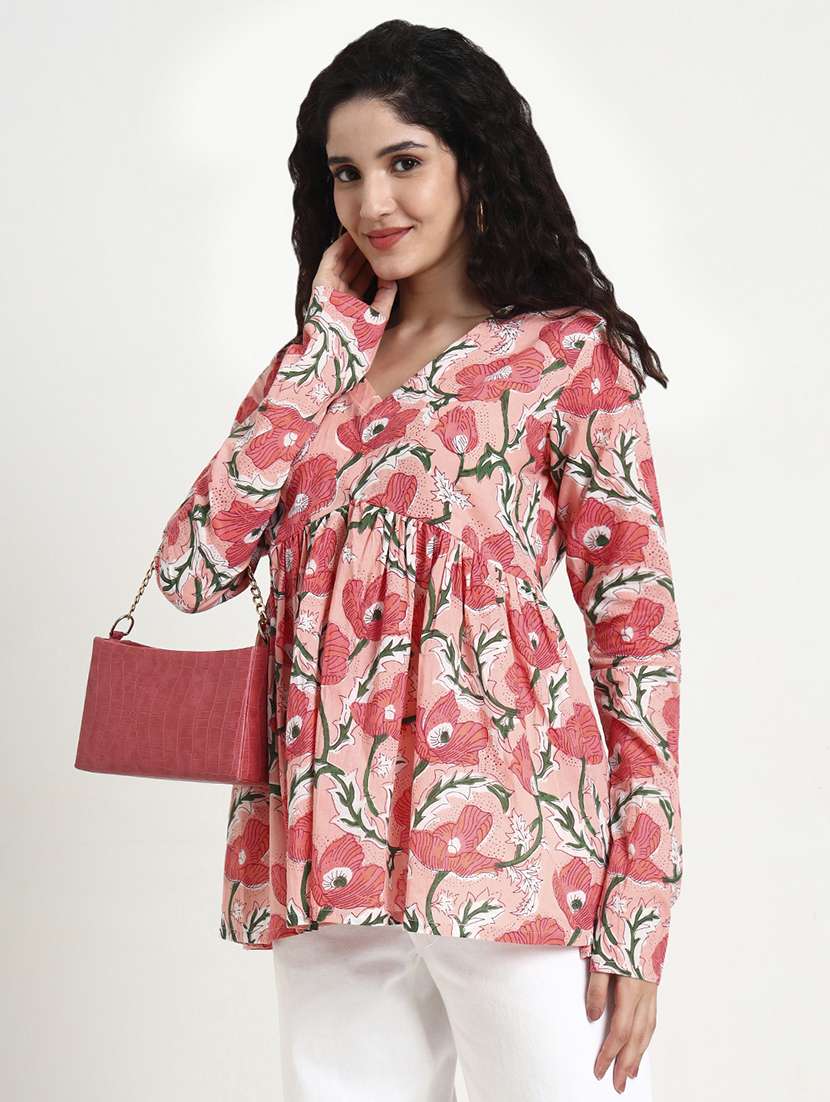 women floral print long sleeve flared kurti