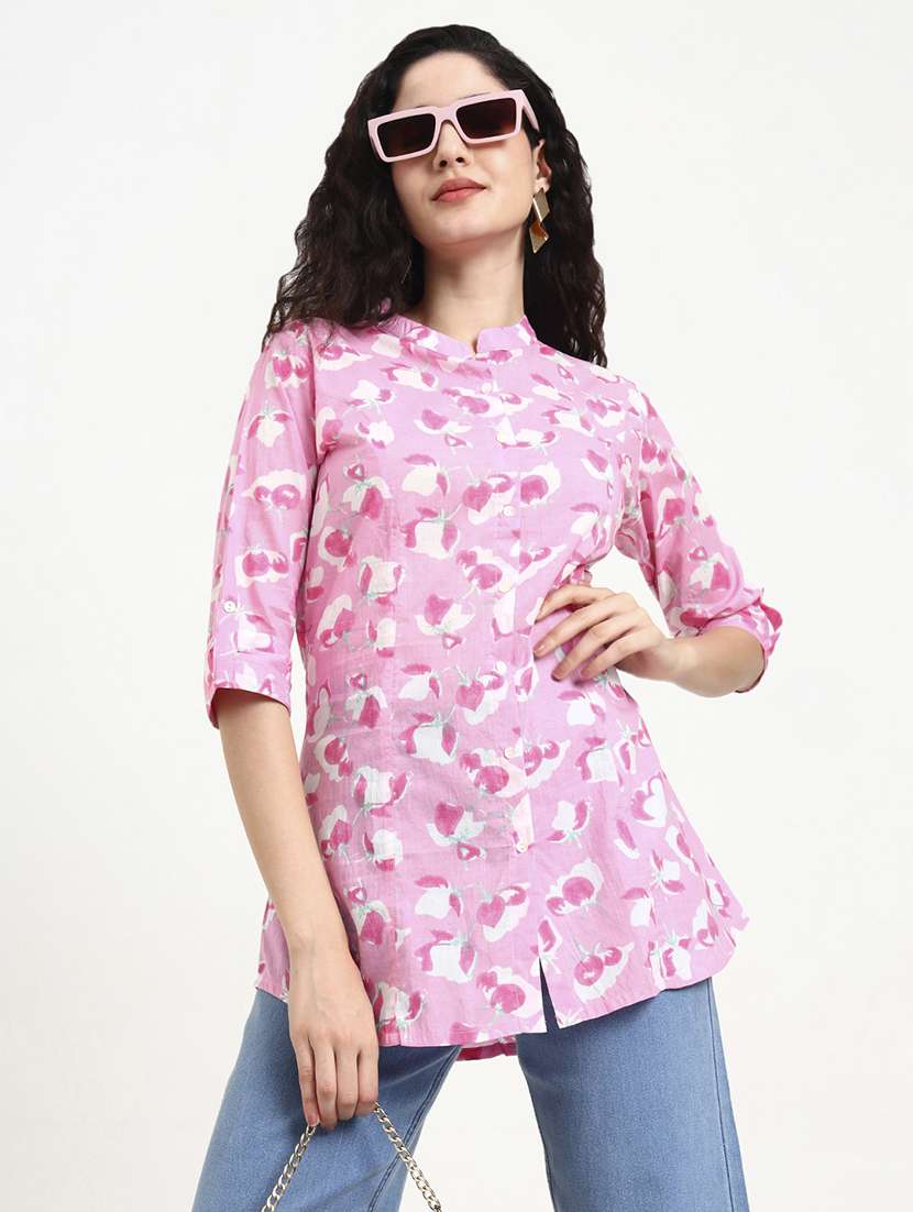 women printed three quarter sleeve shirt tunic