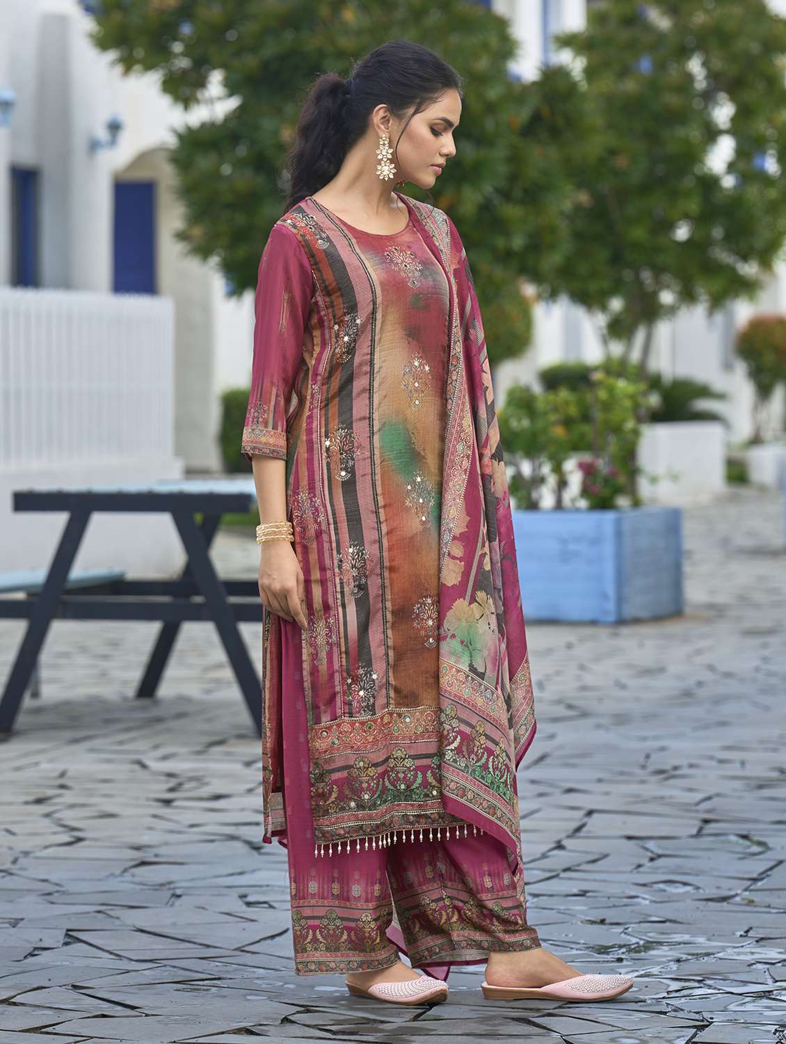 women printed three quarter sleeve kurta pant with dupatta set - 22140796 -  Standard Image - 2