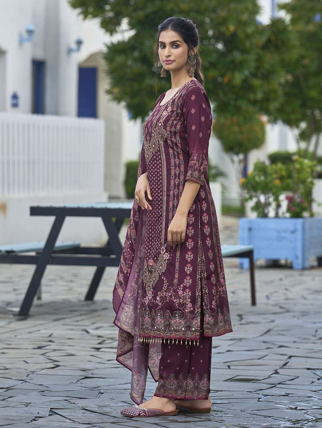 women printed three quarter sleeve kurta palazzo with dupatta set - 22140799 -  Standard Image - 2