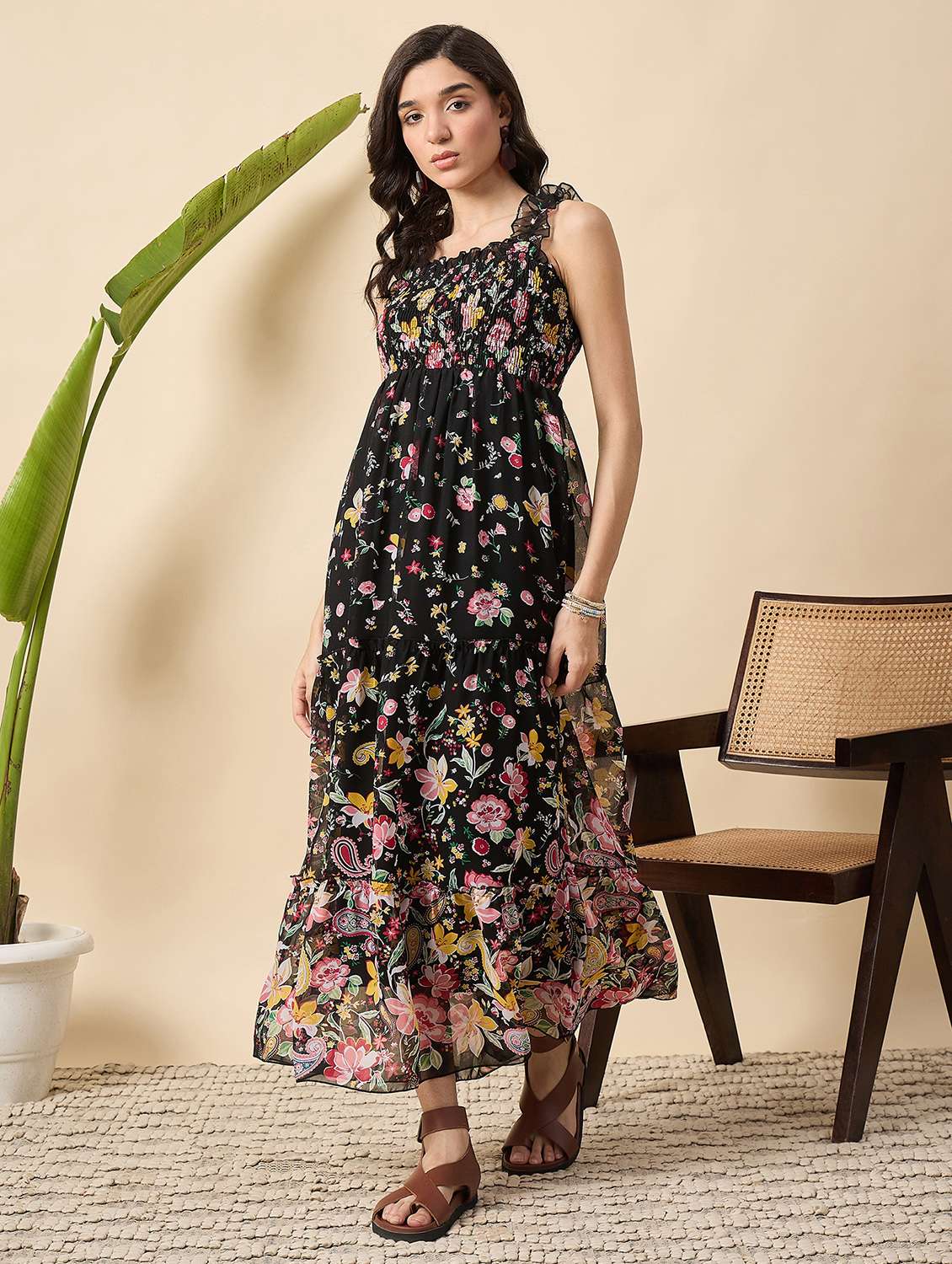 women floral print shoulder strap tiered dress - 22140836 - Standard Image - 2