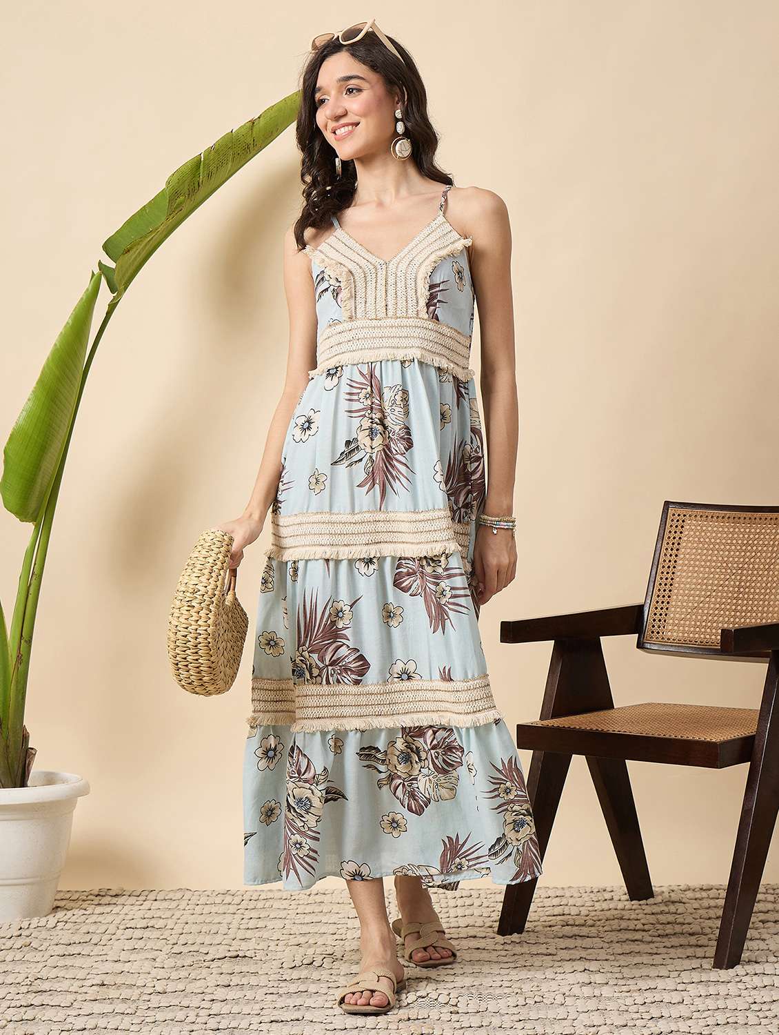 women floral print shoulder strap tiered dress