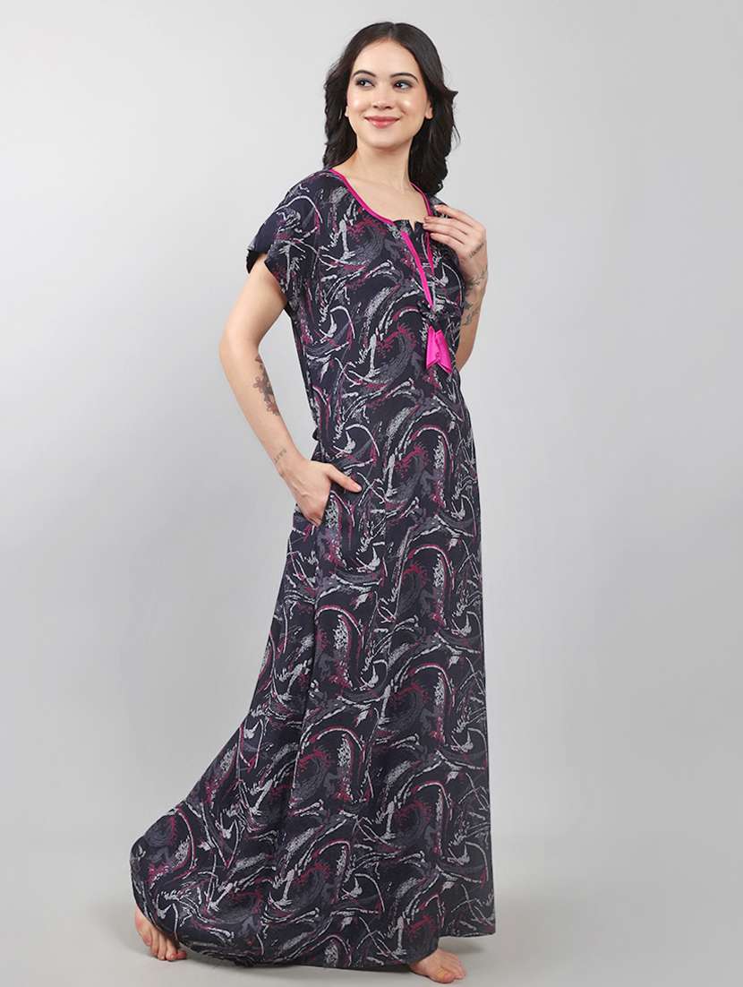 women printed short sleeve nighty with pocket - 22140928 -  Standard Image - 2