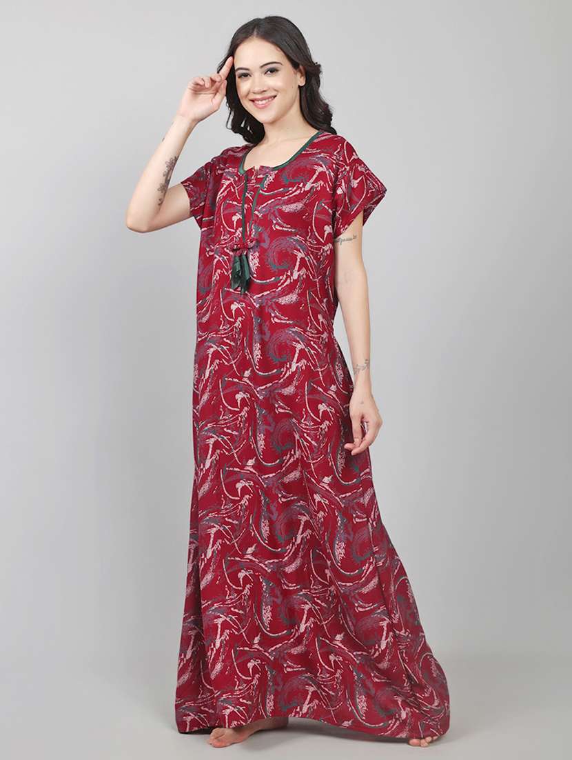 women printed short sleeve nighty with pocket - 22140929 -  Standard Image - 2