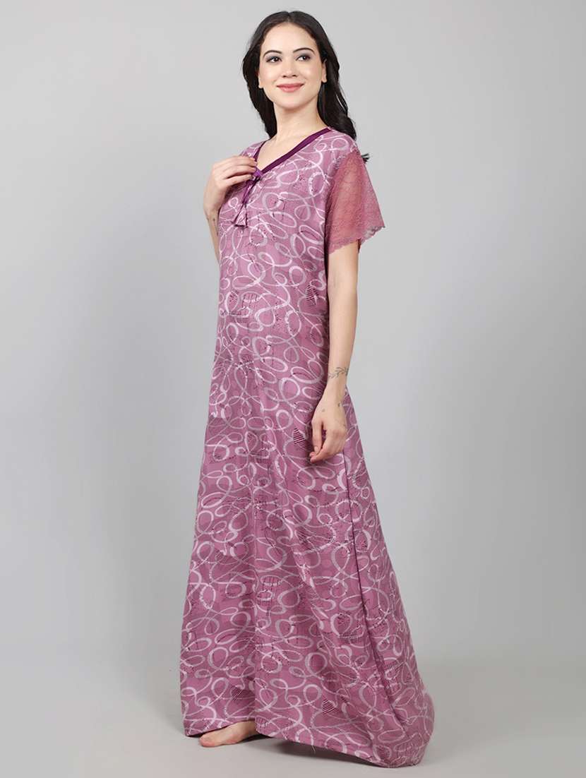 women printed short sleeve nighty with pocket - 22140930 -  Standard Image - 2