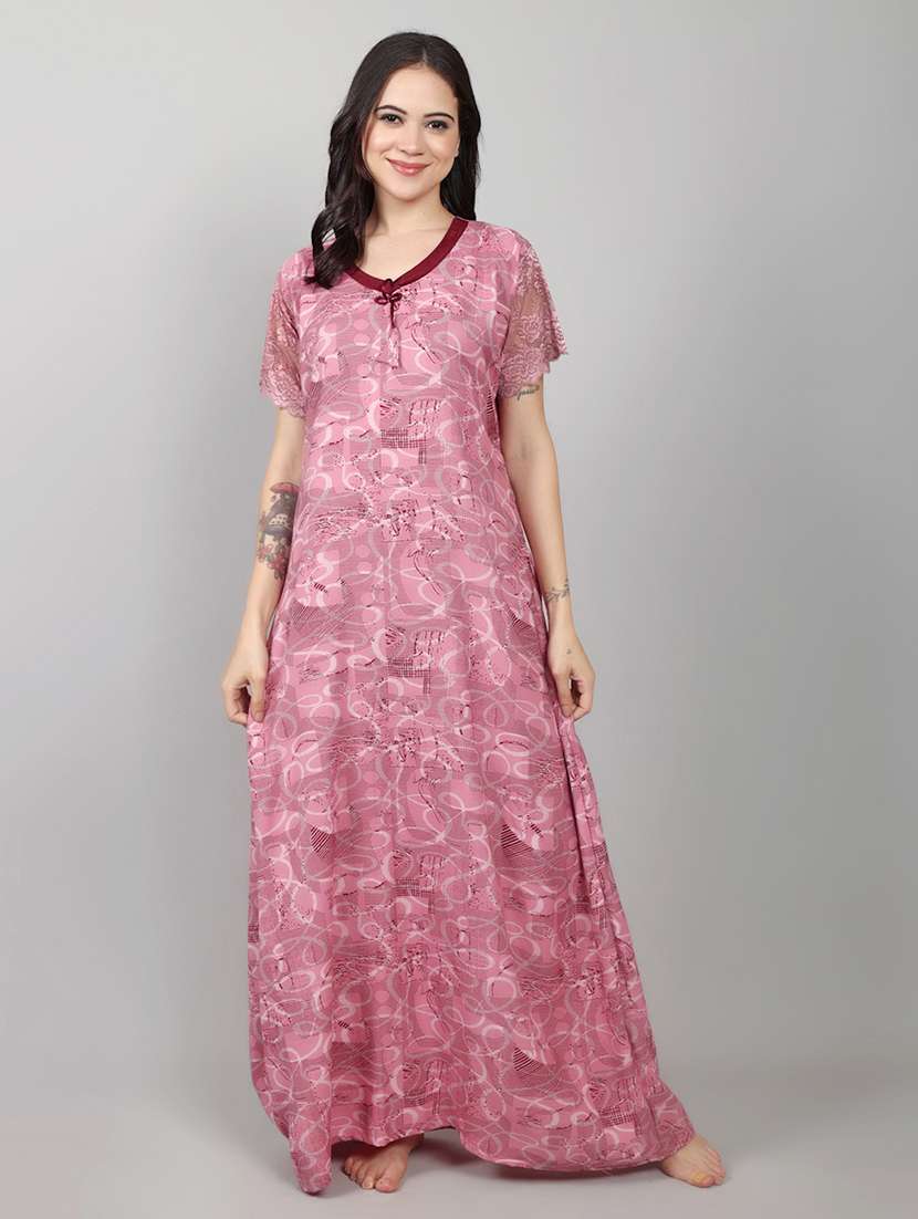 women printed short sleeve nighty with pocket - 22140932 -  Standard Image - 2