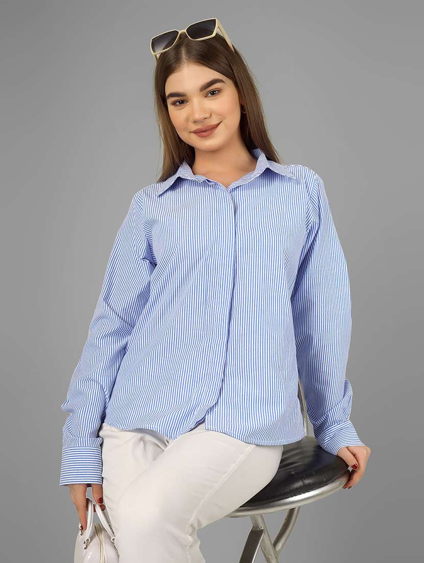 women striped collared long sleeve shirt