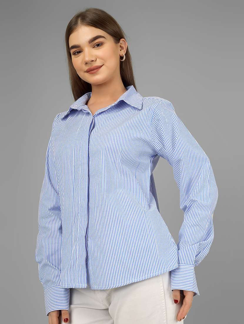 women striped collared long sleeve shirt - 22140963 - Standard Image - 2